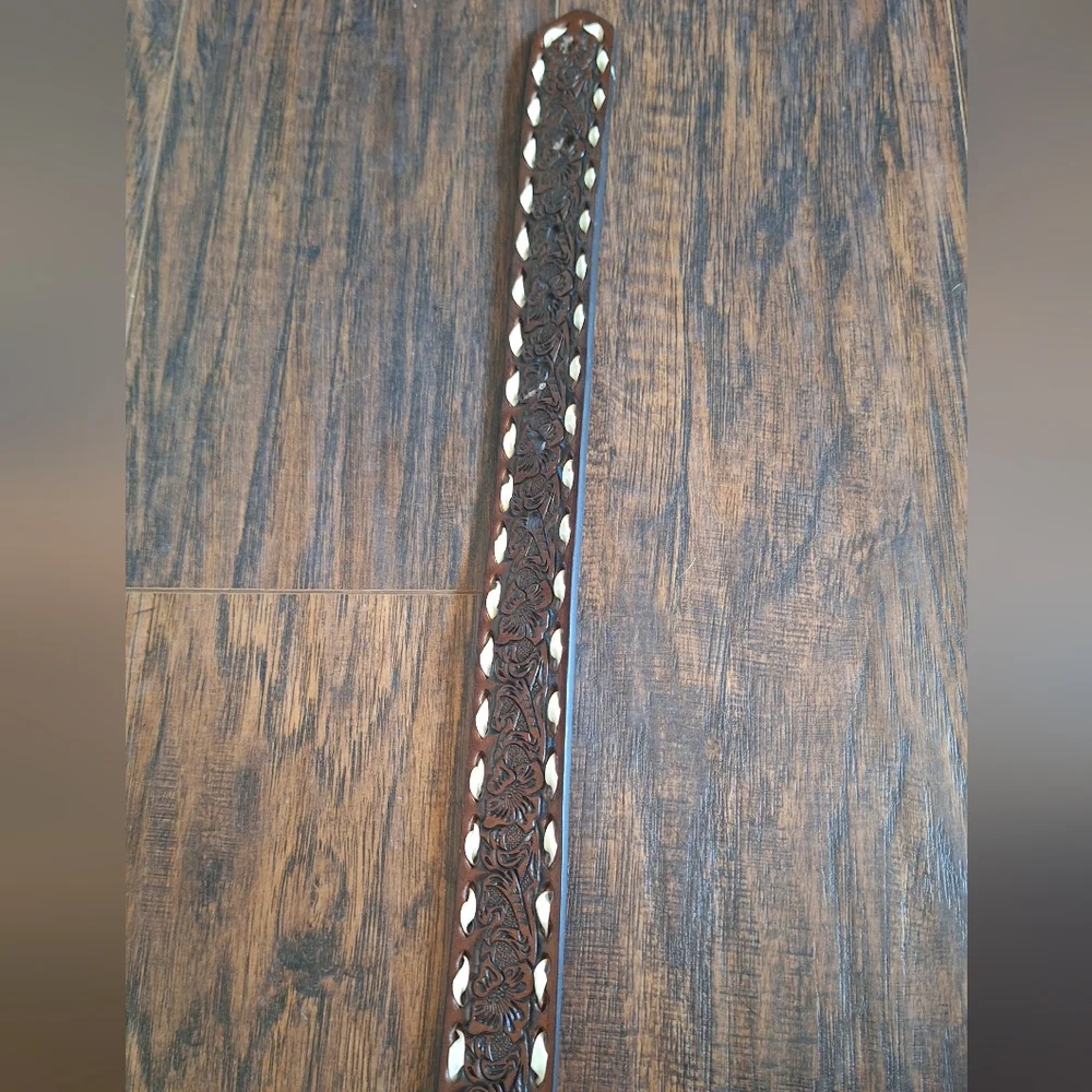 Nocona Brown Leather Floral Embossed Belt with Silver Bull Rider Buckle
